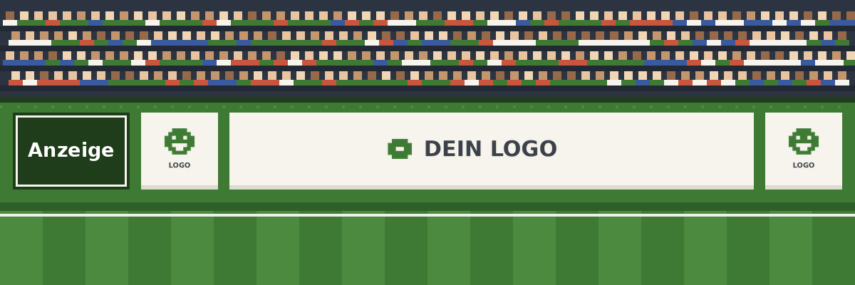 Vorschau: grüne Pixel-Stadionbande mit hellen Logo-Feldern und der Kennzeichnung Anzeige