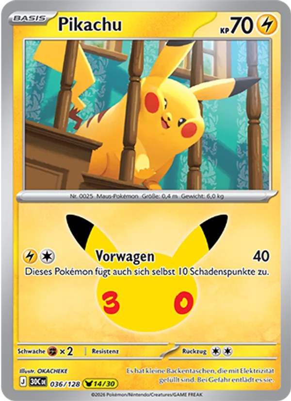 Pikachu 036/128 – 30 Jahre – Pokémon – Deutsch – Near Mint