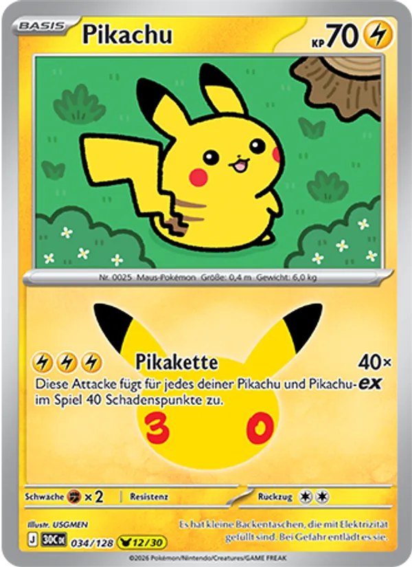 Pikachu 034/128 – 30 Jahre – Pokémon – Deutsch – Near Mint