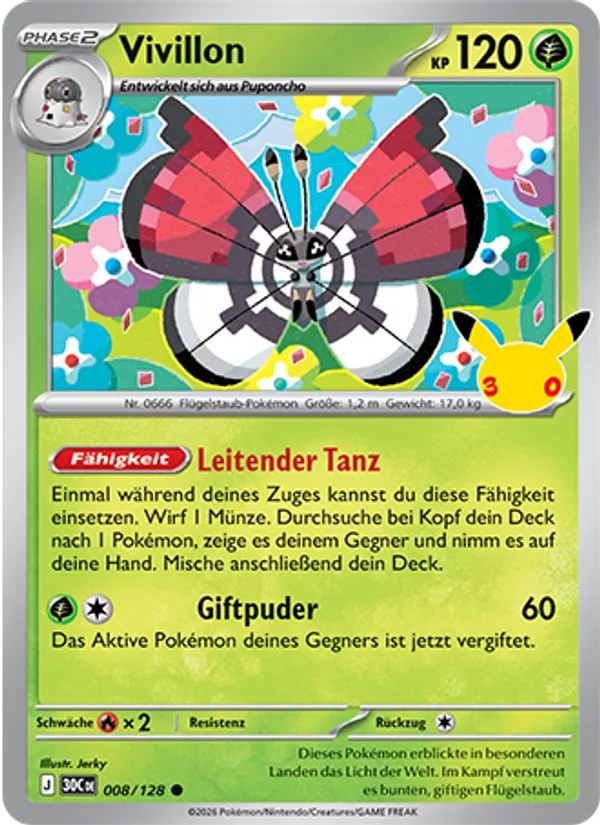 Vivillon 008/128 – 30 Jahre – Pokémon – Deutsch – Near Mint