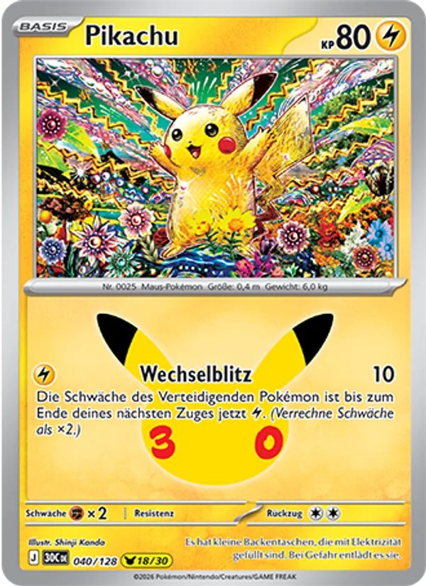 Pikachu 040/128 – 30 Jahre – Pokémon – Deutsch – Near Mint