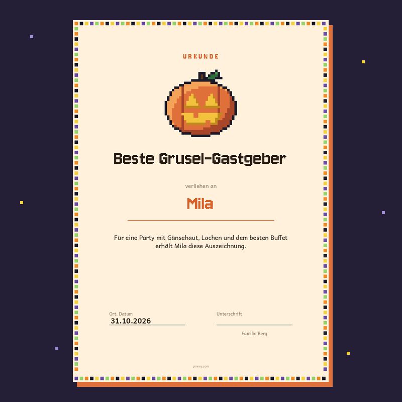 Urkunde „Beste Grusel-Gastgeber“