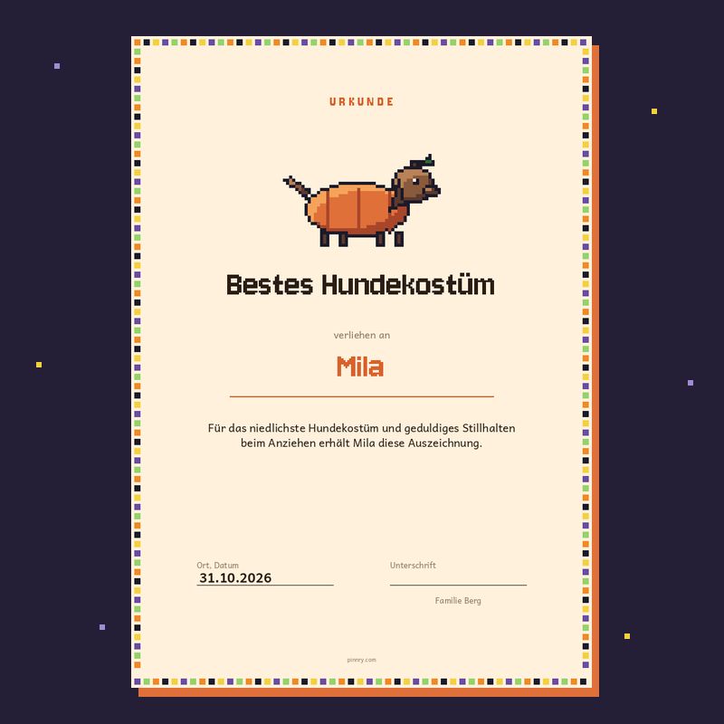 Urkunde „Bestes Hundekostüm“