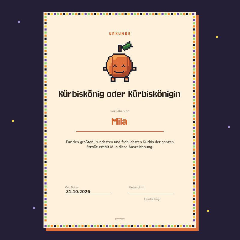 Urkunde „Kürbiskönig oder Kürbiskönigin“