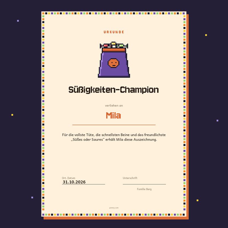 Urkunde „Süßigkeiten-Champion“