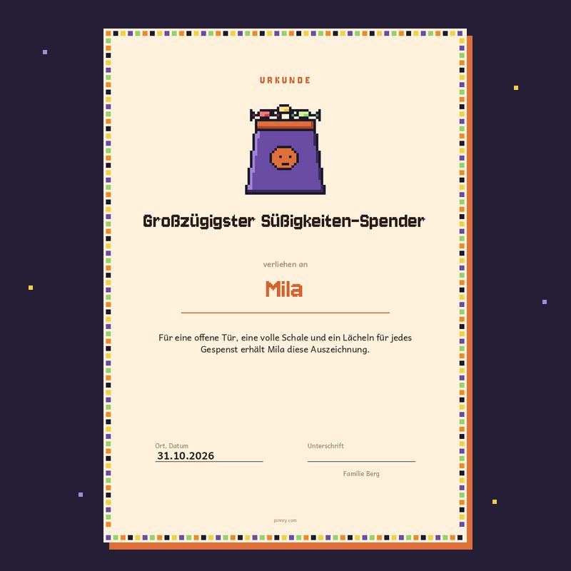 Urkunde „Großzügigster Süßigkeiten-Spender“