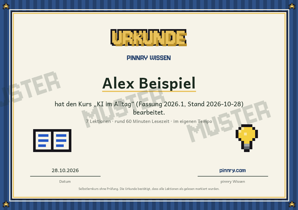 Musterurkunde „KI im Alltag“ im Pixel-Stil