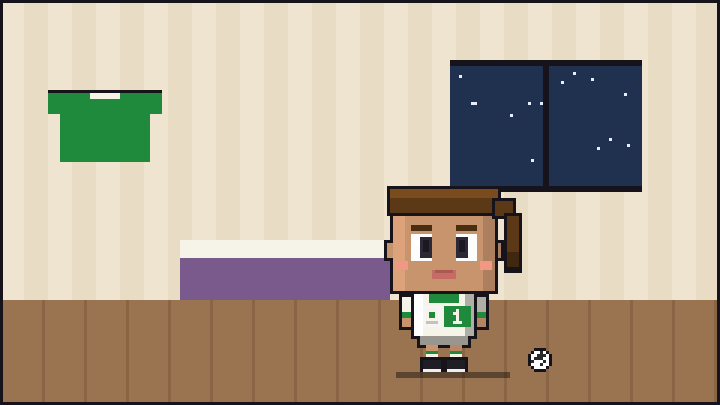 Pixelbild: Zu Hause am Abend vor dem Spiel. Mitten drin Mila im grün-weißen Trikot mit der Nummer 1.
