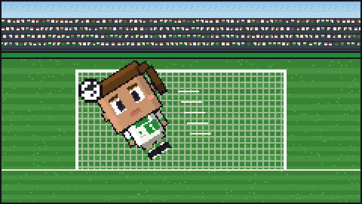 Pixelbild: Der Ball wird gehalten. Mitten drin Mila im grün-weißen Trikot mit der Nummer 1.