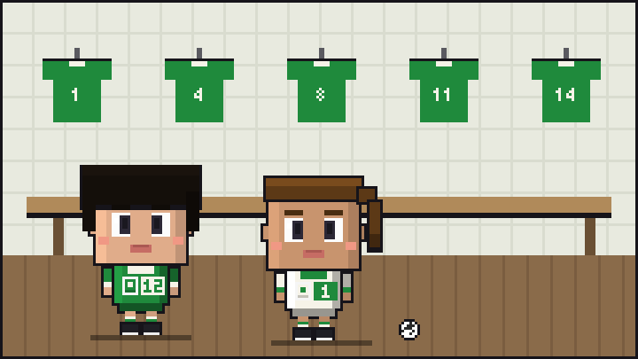 Pixelbild: In der Kabine. Mitten drin Mila im grün-weißen Trikot mit der Nummer 1.