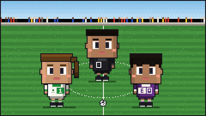 Pixelbild: Anpfiff am Mittelkreis. Mitten drin Mila im grün-weißen Trikot mit der Nummer 1.