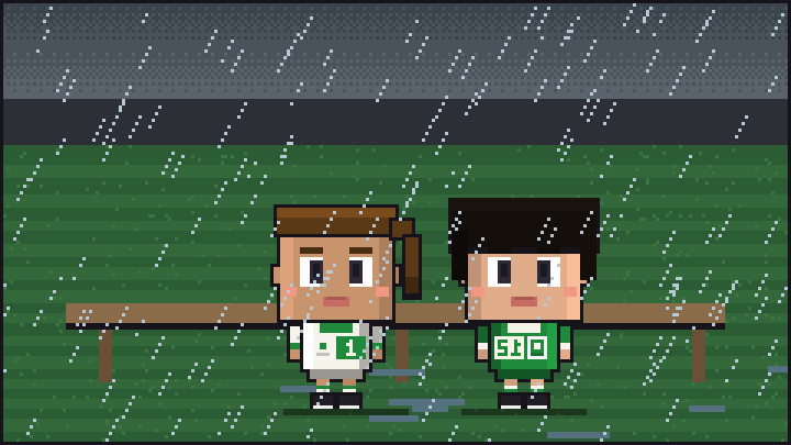 Pixelbild: Auf der Bank im Regen. Mitten drin Mila im grün-weißen Trikot mit der Nummer 1.