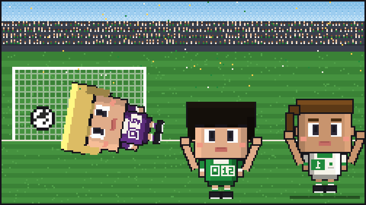 Pixelbild: Tor!. Mitten drin Mila im grün-weißen Trikot mit der Nummer 1.
