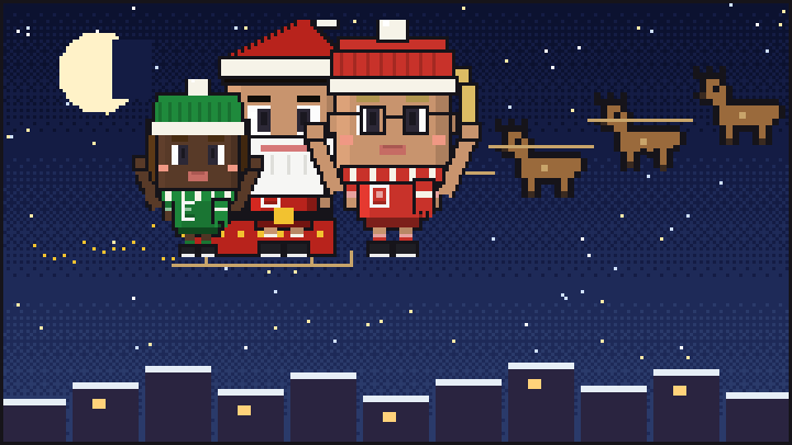 Pixelbild: Mit dem Schlitten durch die Nacht. Mittendrin Lotta mit Wintermütze und Schal.