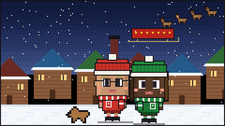Pixelbild: Über den verschneiten Dächern. Mittendrin Lotta mit Wintermütze und Schal.
