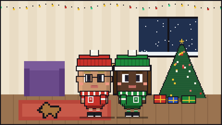 Pixelbild: Im Wohnzimmer am Weihnachtsbaum. Mittendrin Lotta mit Wintermütze und Schal.