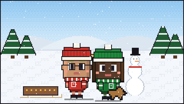 Pixelbild: Draußen im Schnee. Mittendrin Lotta mit Wintermütze und Schal.