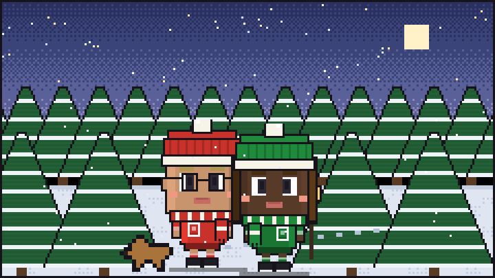 Pixelbild: Im verschneiten Wald. Mittendrin Lotta mit Wintermütze und Schal.