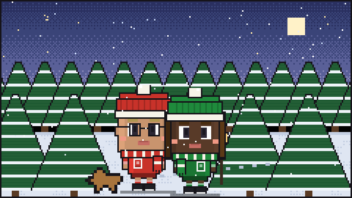 Pixelbild: Im verschneiten Wald. Mittendrin Lotta mit Wintermütze und Schal.