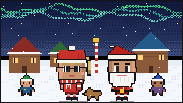 Pixelbild: Im Weihnachtsdorf hoch im Norden. Mittendrin Lotta mit Wintermütze und Schal.