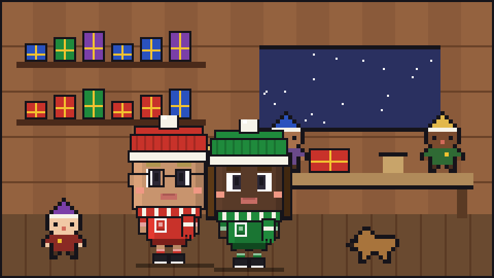 Pixelbild: In der Wichtelwerkstatt. Mittendrin Lotta mit Wintermütze und Schal.