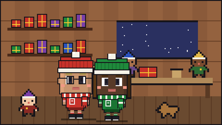Pixelbild: In der Wichtelwerkstatt. Mittendrin Lotta mit Wintermütze und Schal.