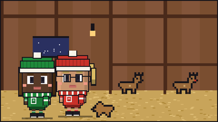 Pixelbild: Im Rentierstall. Mittendrin Lotta mit Wintermütze und Schal.