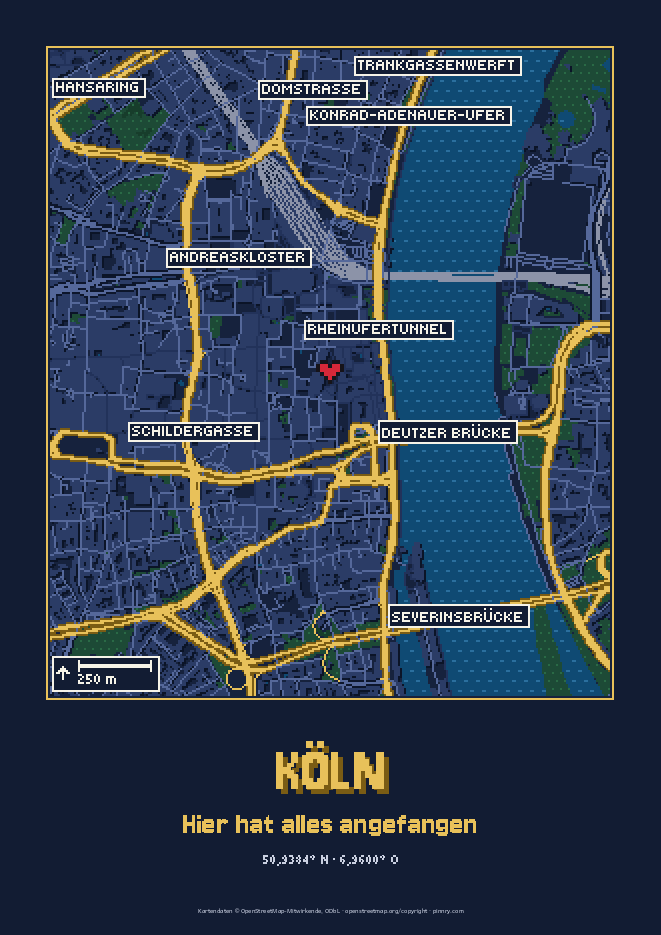 Pixel-Stadtplan Köln, Ortskern, Nacht