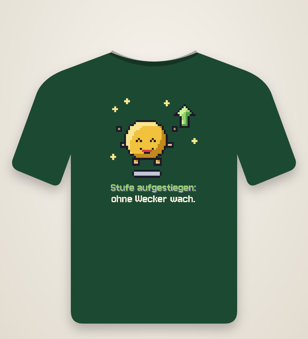 Beanling mit Pfeil: Stufe aufgestiegen: ohne Wecker wach.