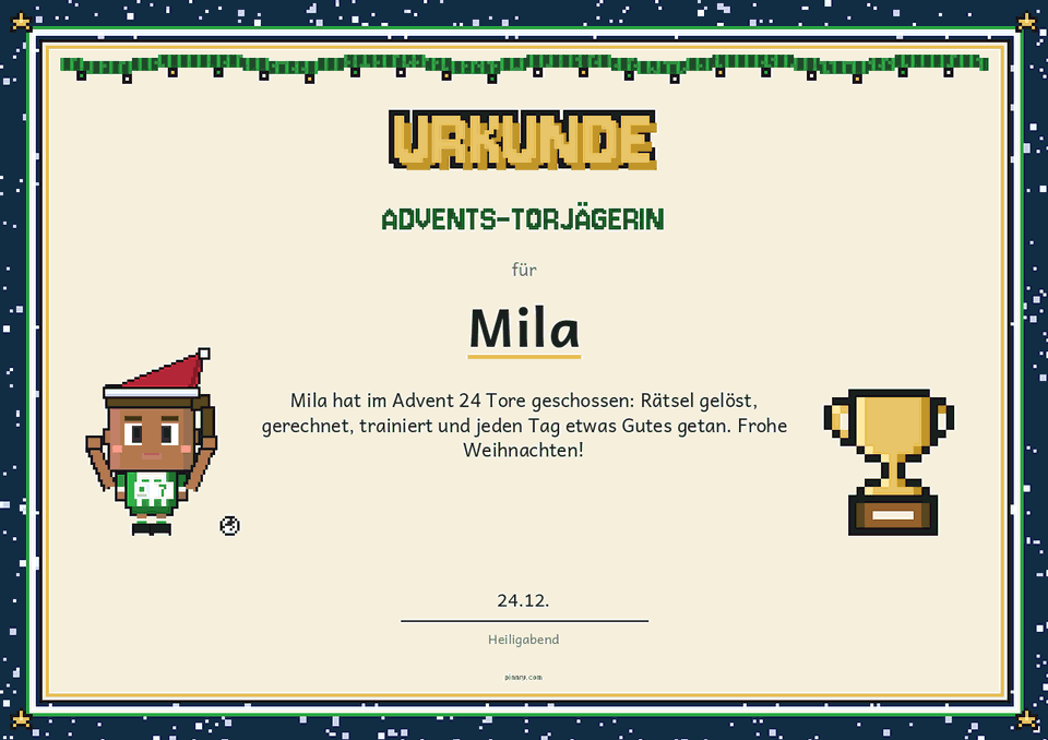 Urkunde zum 24. Dezember: Advents-Torjägerin mit Pixelfigur und Pokal