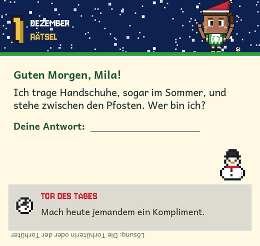 Fußball-Adventskalender mit Tageskarten und Namen