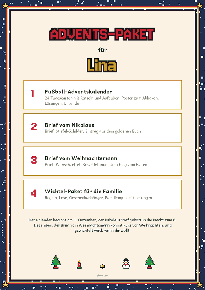 Deckblatt des Advents-Pakets mit Namen und den vier enthaltenen Vorlagen