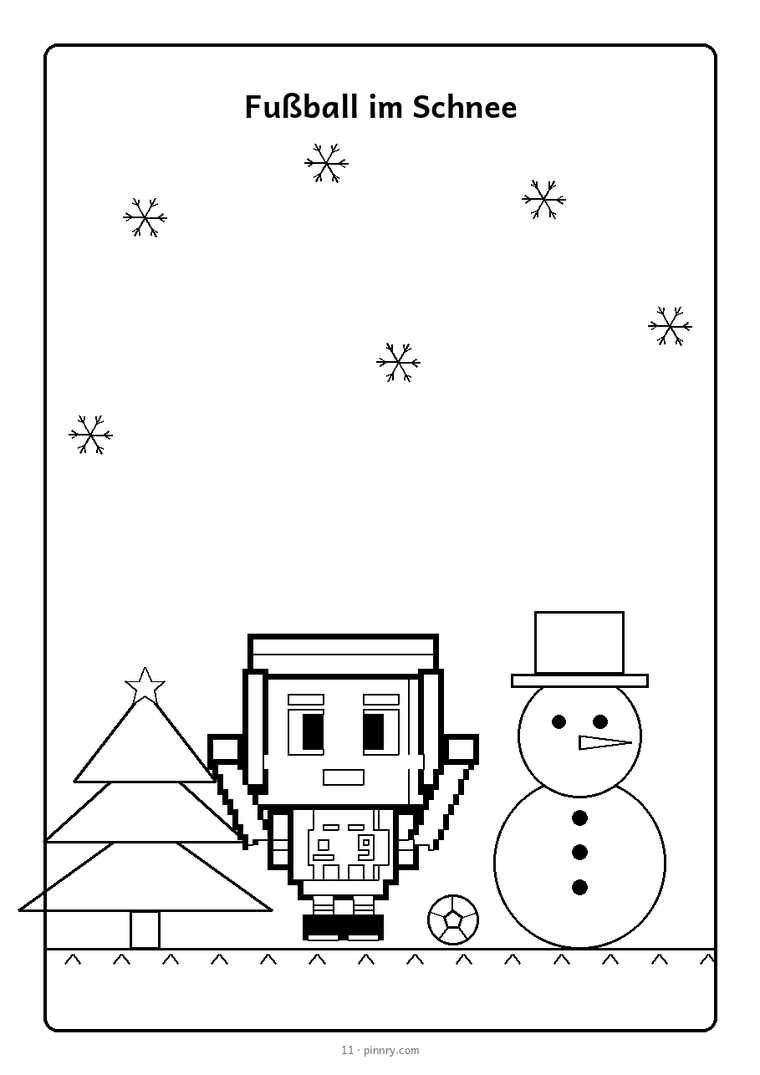 Ausmalbild Fußball im Schnee mit Schneemann und Tannenbaum