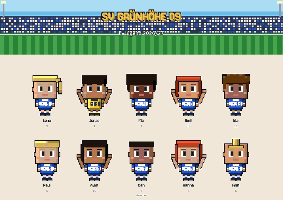 Mannschaftsposter mit allen Pixel-Spielerfiguren der Jugendmannschaft