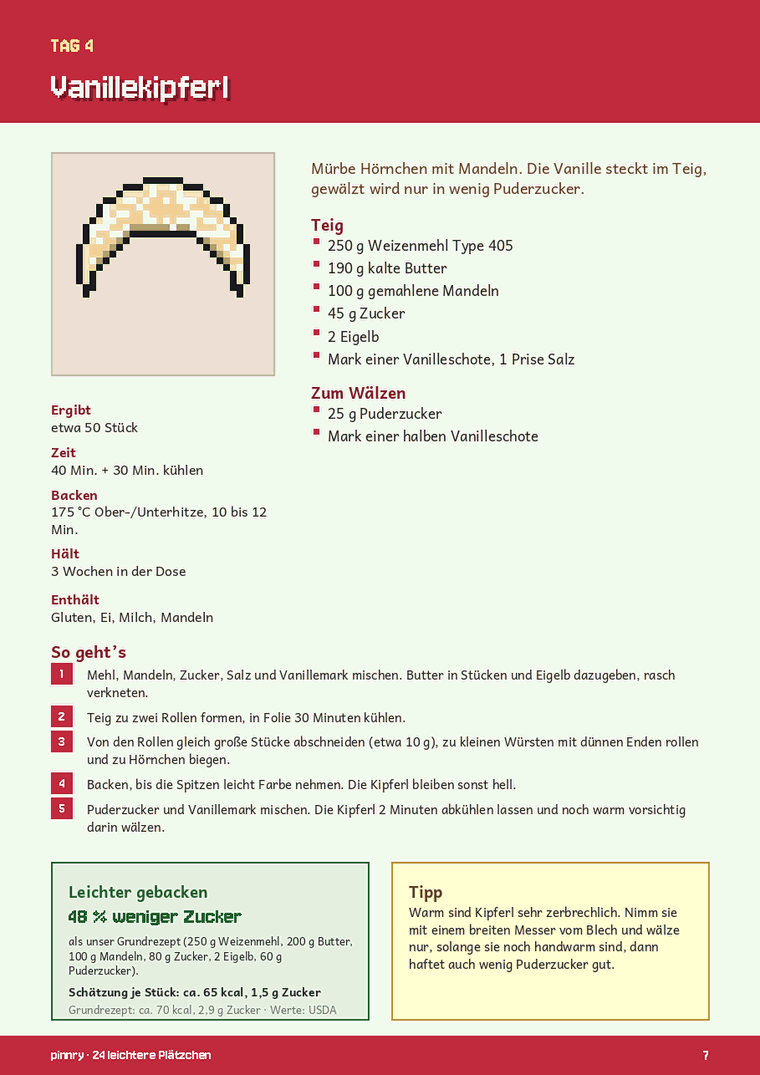 Rezeptseite Vanillekipferl mit Zutaten, Schritten und dem Kasten „Leichter gebacken“