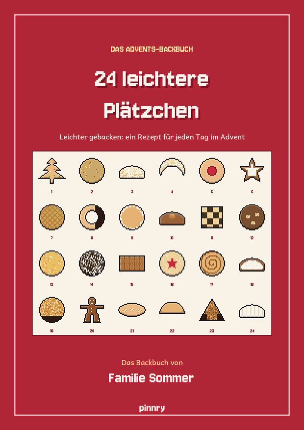 Titelseite des Backbuchs „24 leichtere Plätzchen“ mit 24 Pixel-Plätzchen und Namen