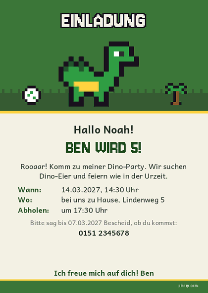Dino-Einladung zum Kindergeburtstag mit Dinosaurier, Ei und Palme