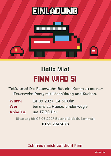 Feuerwehr-Einladung mit Löschfahrzeug, Helm und Hydrant