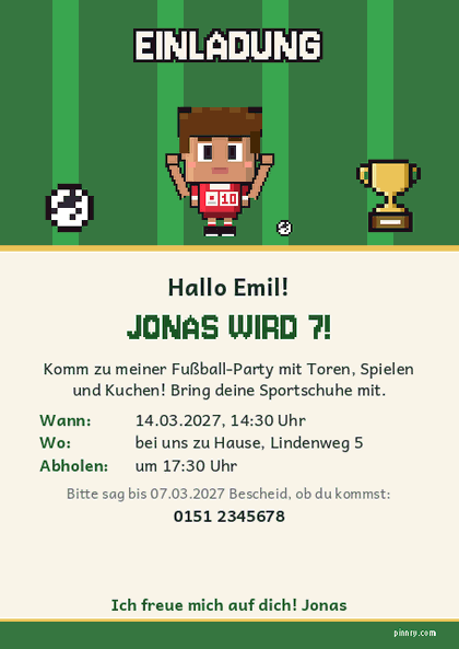 Einladung Kindergeburtstag Fußball mit jubelndem Pixel-Spieler
