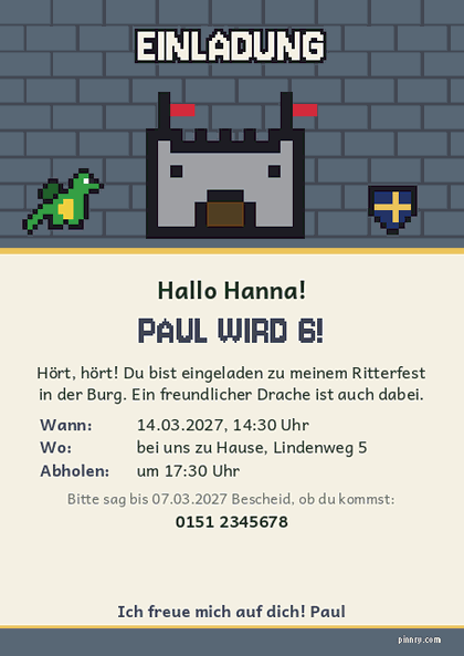 Einladung zum Ritterfest mit Burg, freundlichem Drachen und Wappen