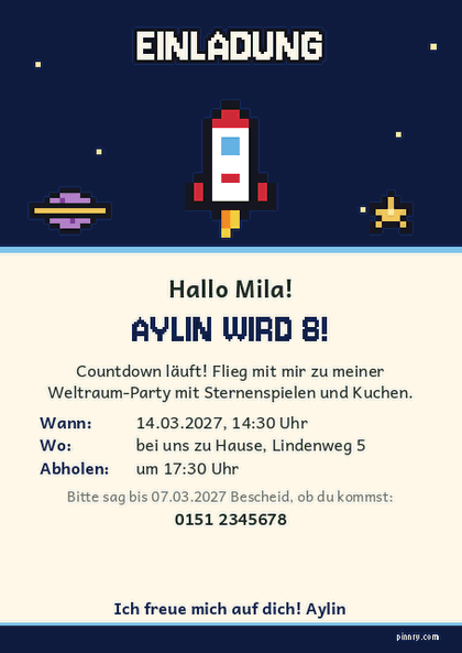 Weltraum-Einladung mit Rakete, Planet und Sternen