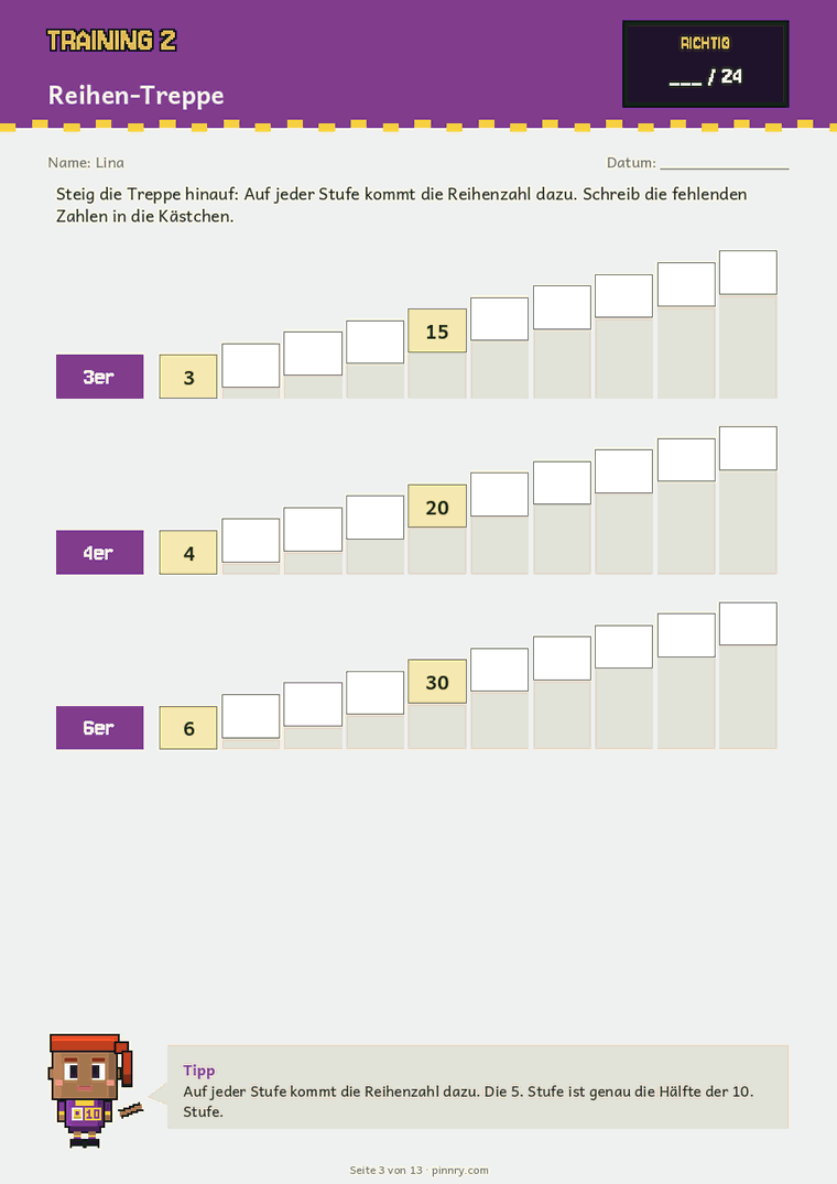 Reihen-Treppe zum Einmaleins: fehlende Zahlen der 3er-, 4er- und 6er-Reihe eintragen