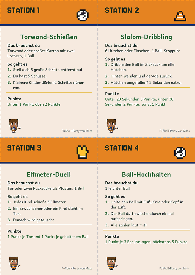 Spielstationen für den Fußball-Kindergeburtstag mit Regeln und Punkten