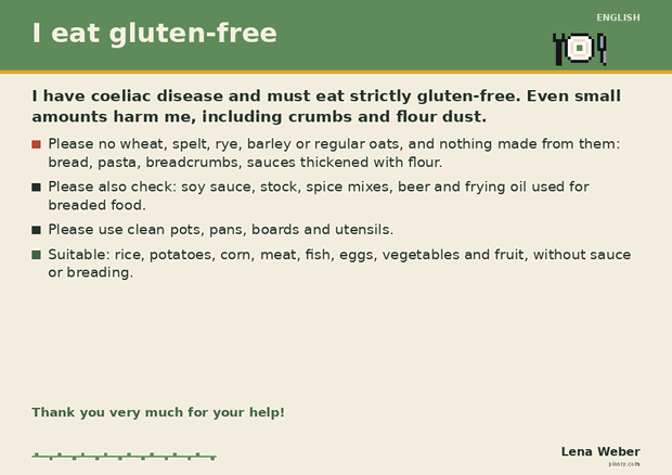 Restaurantkarte „I eat gluten-free“ auf Englisch