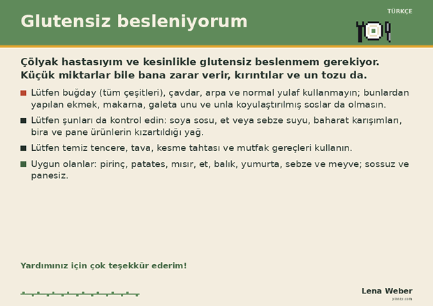 Restaurantkarte „Glutensiz besleniyorum“ auf Türkisch