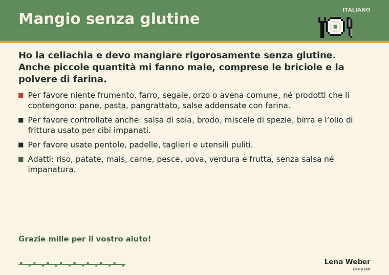 Restaurantkarte „Mangio senza glutine“ auf Italienisch mit Teller-Symbol und Namen