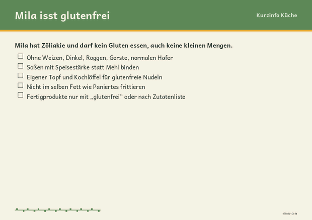Kurzinfo für die Küche mit Hinweisen zur glutenfreien Zubereitung