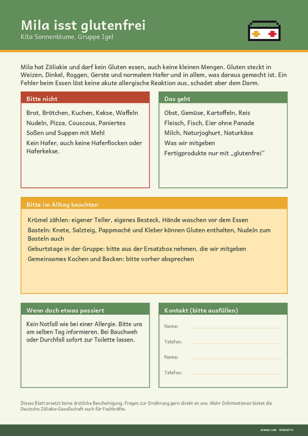 Infoblatt „Mila isst glutenfrei“ für die Kita mit Bitte nicht, Das geht und Kontaktfeldern