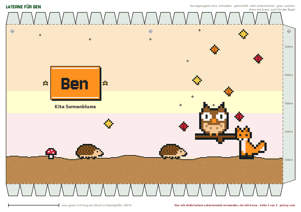 Einfache Laterne für Kleine mit Igel, Eule und Fuchs und dem Namen des Kindes