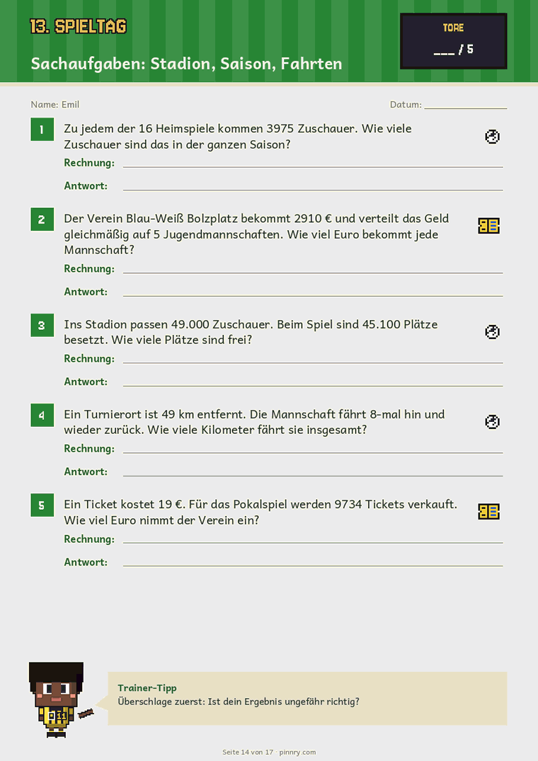 Fußball-Mathe Klasse 4: Sachaufgaben zu Stadion und Tickets